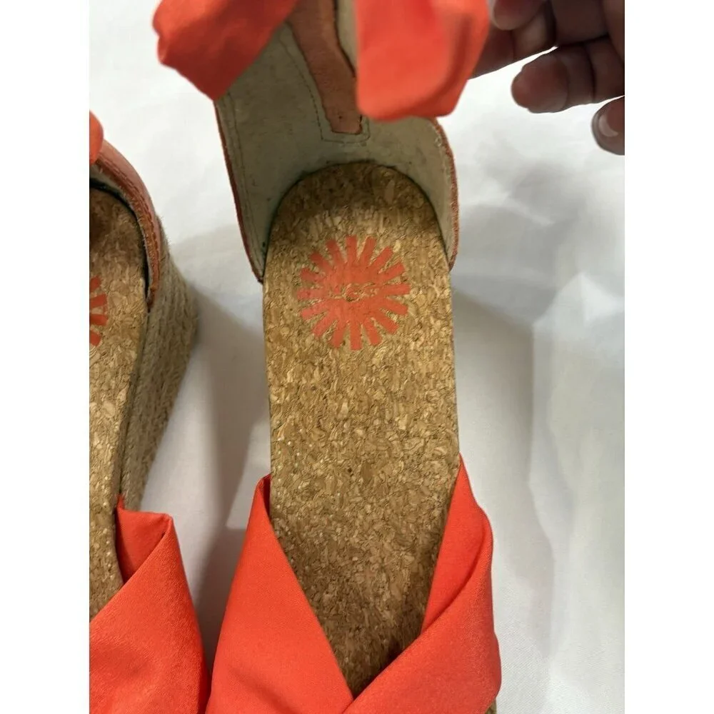 UGG Womens Yarrow Wedge Espadrille Sandal Size 9.5 Orange Ankle Tie